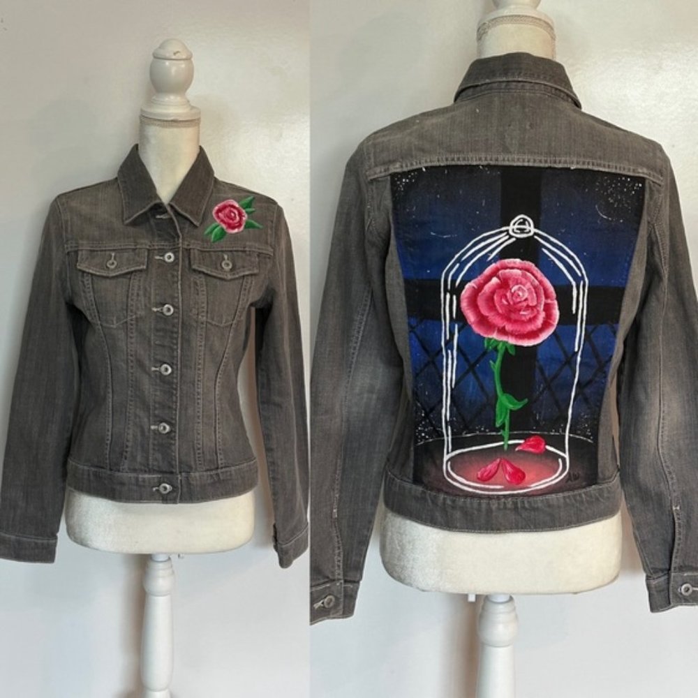 Disney’s Beauty and The Beast Eternal Love Rose Custom Denim Jean Grey Jacket